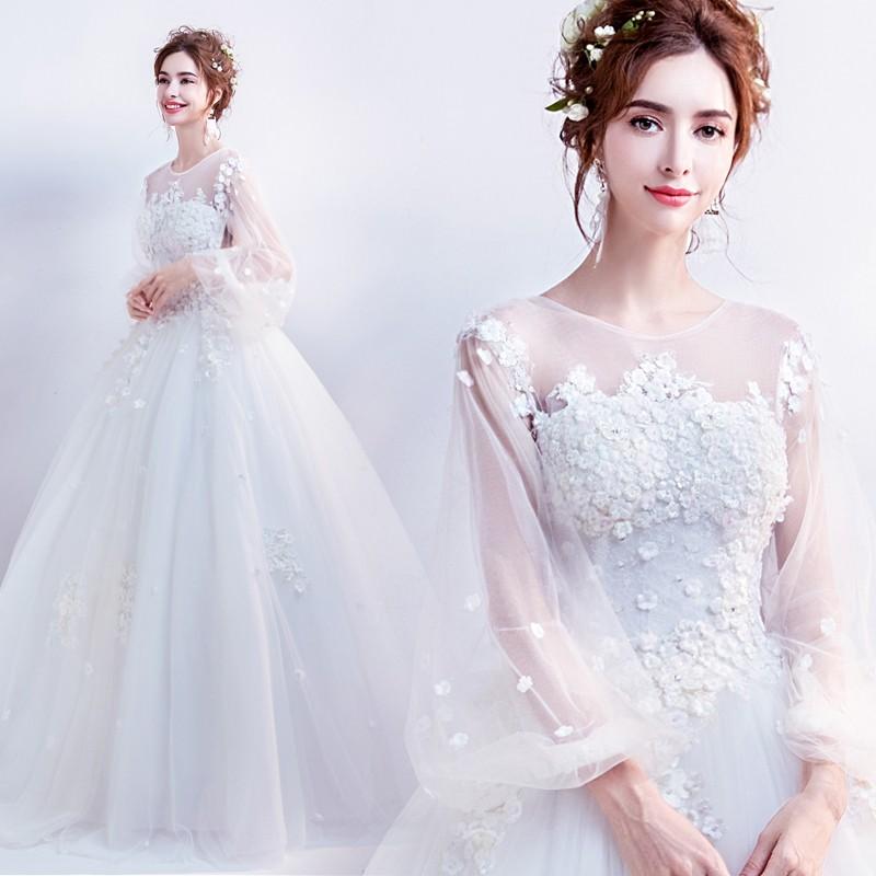 ウエディングドレス 袖あり エンパイア ウェディングドレス 結婚式 二次会ドレス プリンセスラインドレス 花嫁 ロングドレス ブライダル 白 オフホワイト ふわふわスカート 前撮り 海外挙式 エレガント ボリューム プリンセスラインウェディングドレス 上品 セミオーダー