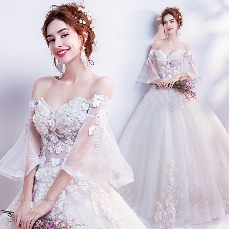 ウエディングドレス 長袖 ロングドレス 結婚式 プリンセスラインドレス 二次会ドレス ウェディングドレス 花嫁 ブライダル エンパイア Vカット 披露宴 大きいサイズ 前撮り 海外挙式 エレガント ボリューム プリンセスラインウェディングドレス 上品 セミオーダー 王道