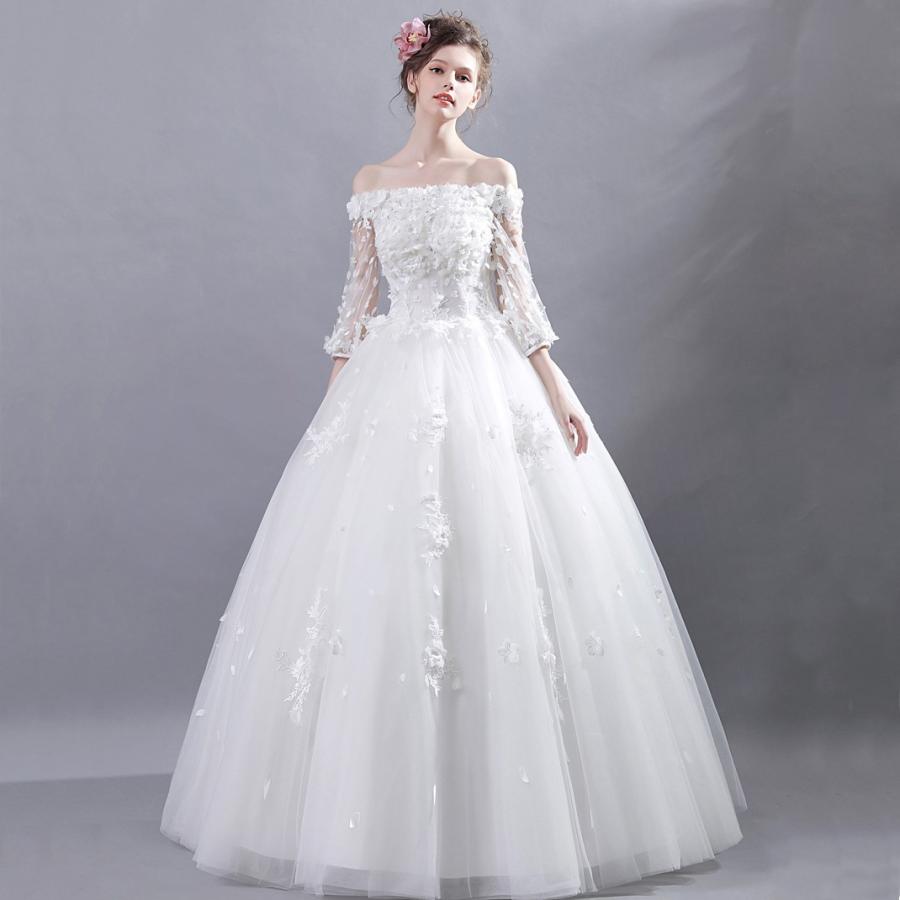 ウエディングドレス 二次会ドレス ウェディングドレス エンパイア 長袖 結婚式 プリンセスラインドレス 花嫁 ロングドレス ブライダル 白 オフホワイト 秋冬 ワンショルダー 披露宴 前撮り 海外挙式 エレガント ボリューム プリンセスウェディングドレス 上品 セミオーダー