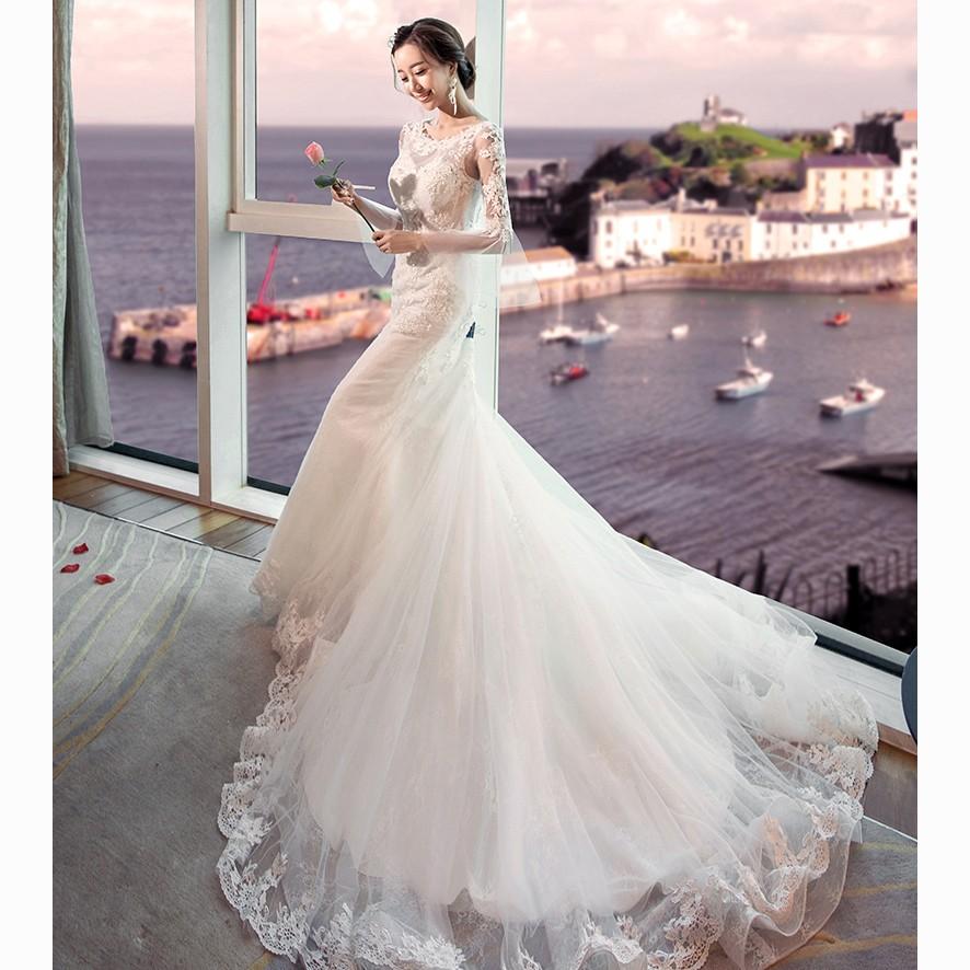 マーメイドドレス 長袖 ウェディングドレス 結婚式 ウエディングドレス 花嫁 ロングドレス 二次会ドレス ブライダル バックレス 披露宴 ロングトレーン 前撮り 海外挙式 エレガント 細身 小さいサイズ セクシー オーダーメイド可能 人魚の尾ドレス ボディライン強調 上品