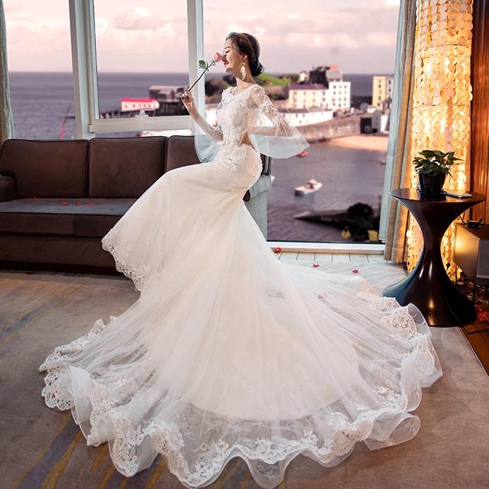 マーメイドドレス 長袖 ウェディングドレス 結婚式 ウエディングドレス 花嫁 ロングドレス 二次会ドレス ブライダル バックレス 披露宴 ロングトレーン 前撮り 海外挙式 エレガント 細身 小さいサイズ セクシー オーダーメイド可能 人魚の尾ドレス ボディライン強調 上品