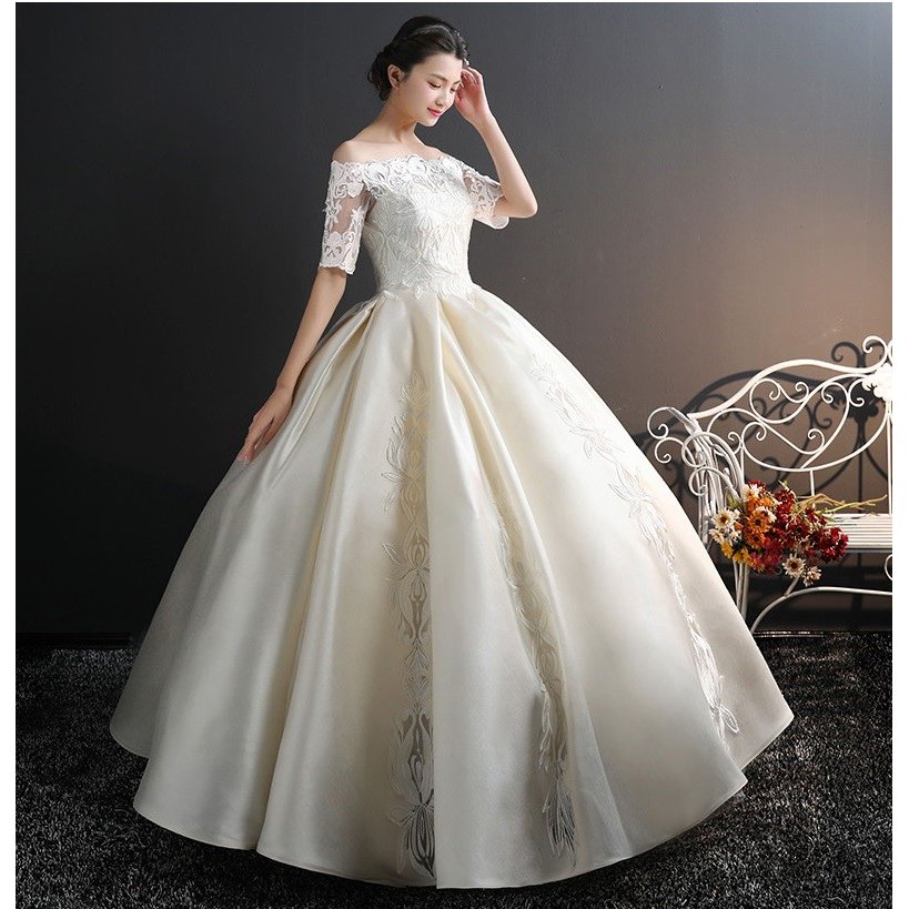 ウェディングドレス 白 オフホワイト レース 結婚式 花嫁 シンプル ロングドレス 袖あり ブライダル 二次会ドレス パーティードレス 披露宴 プリンセスドレス プリンセスラインドレス 大きいサイズ 前撮り 海外挙式 エレガント プリンセスウェディングドレス セミオーダー