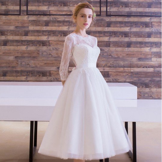 ウエディングミニドレス 白 安い 上品 レース 袖あり 結婚式 ワンピース 発表会 演奏会 披露宴 ミニドレス パーティードレス 二次会 ウエディングドレス 花嫁