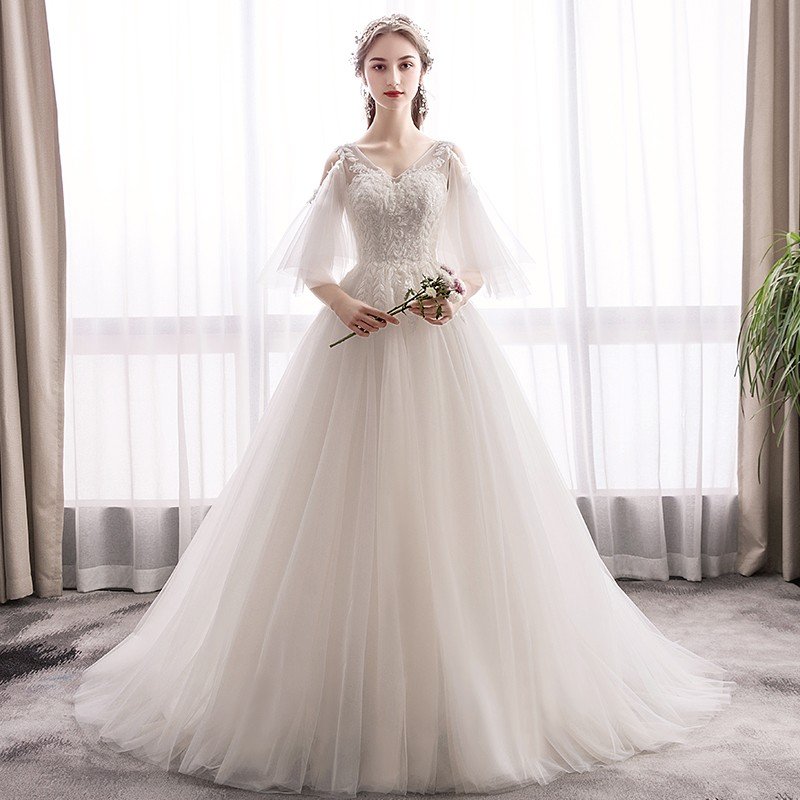ウエディングドレス ウェディングドレス Aラインドレス 白 オフホワイト レース ウェディングドレス 花嫁 結婚式 袖あり パーティードレス 二次会ドレス ブライダルドレス ロングドレス イブニングドレス 前撮り 海外挙式 エレガント クラシック 上品 シンプル セミオーダー