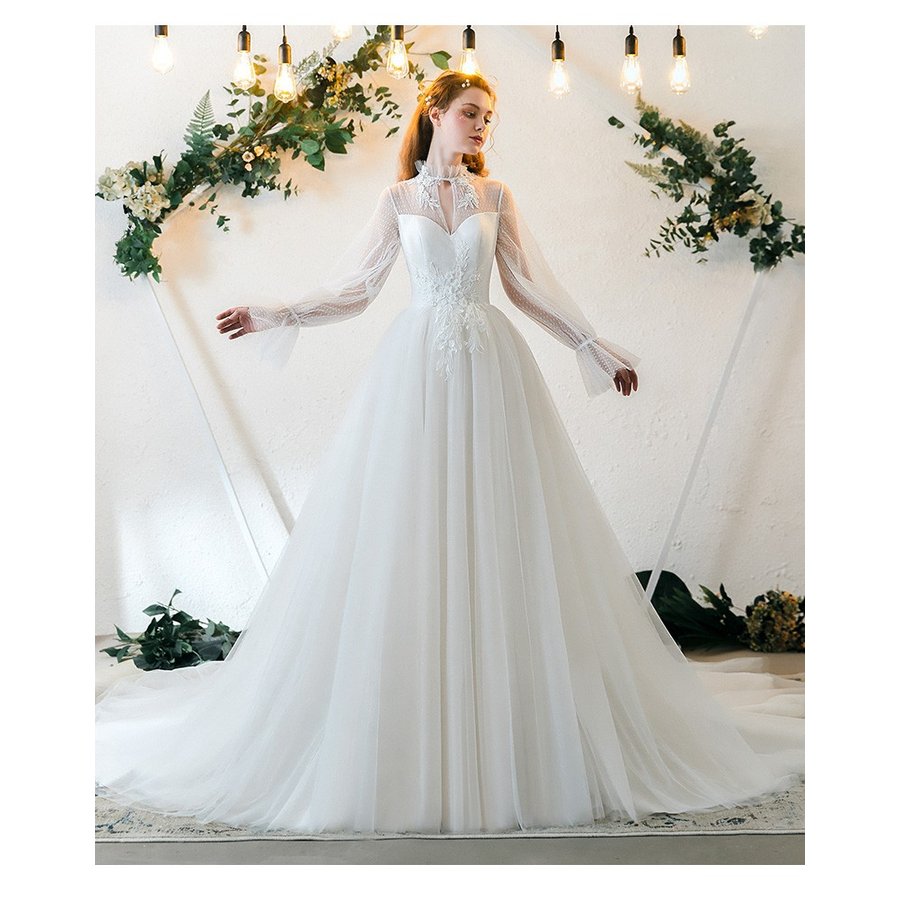 ミートスウィートのウエディングドレス ウェディングドレス Aラインドレス 白 オフホワイト レース ウェディングドレス 花嫁 結婚式 袖あり パーティードレス 二次会ドレス ブライダルドレス ロングドレス エレガント レトロ 前撮り 海外挙式 エレガント クラシック 上品 シンプル セミオーダー｜アングル2