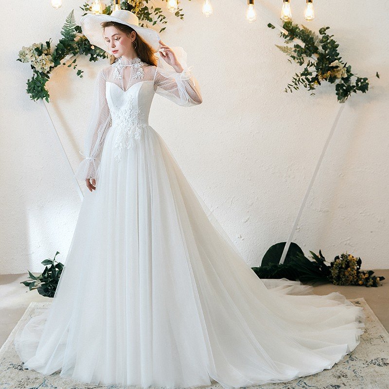 ミートスウィートのウエディングドレス ウェディングドレス Aラインドレス 白 オフホワイト レース ウェディングドレス 花嫁 結婚式 袖あり パーティードレス 二次会ドレス ブライダルドレス ロングドレス エレガント レトロ 前撮り 海外挙式 エレガント クラシック 上品 シンプル セミオーダー｜アングル3
