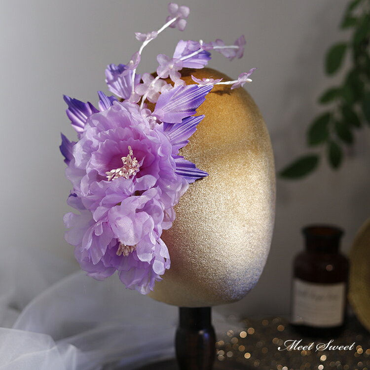 【P5倍★BLACK FRIDAY限定】ウェディングヘッドドレス 髪飾り ヘアコサージュ パープル フラワー 紫 大きめ 結婚式 二次会 発表会 演奏会 披露宴...