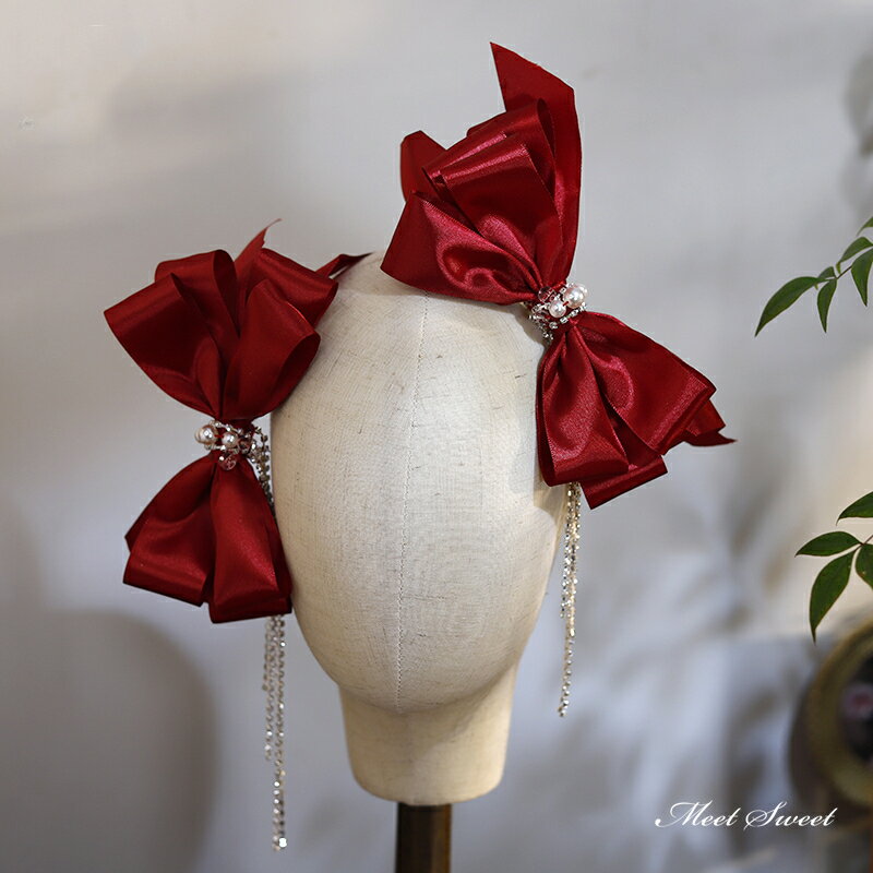 ウェディングヘッドドレス 髪飾り リボン ワインレッド 結婚式 二次会 発表会 演奏会 披露宴 前撮り 誕..