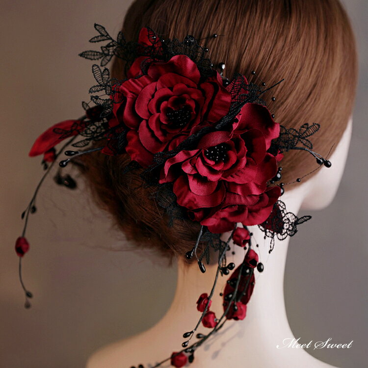 ウェディングヘッドドレス 髪飾り フラワー 結婚式 二次会 発表会 演奏会 披露宴 前撮り 花 ブライダル パーティー 花嫁 ロリータ ブラック ワインレッド 海外挙式 成人式 卒業式 ウエディングティアラ ヘアアクセサリー ウェディング ウエディング ヘッドアクセサリー