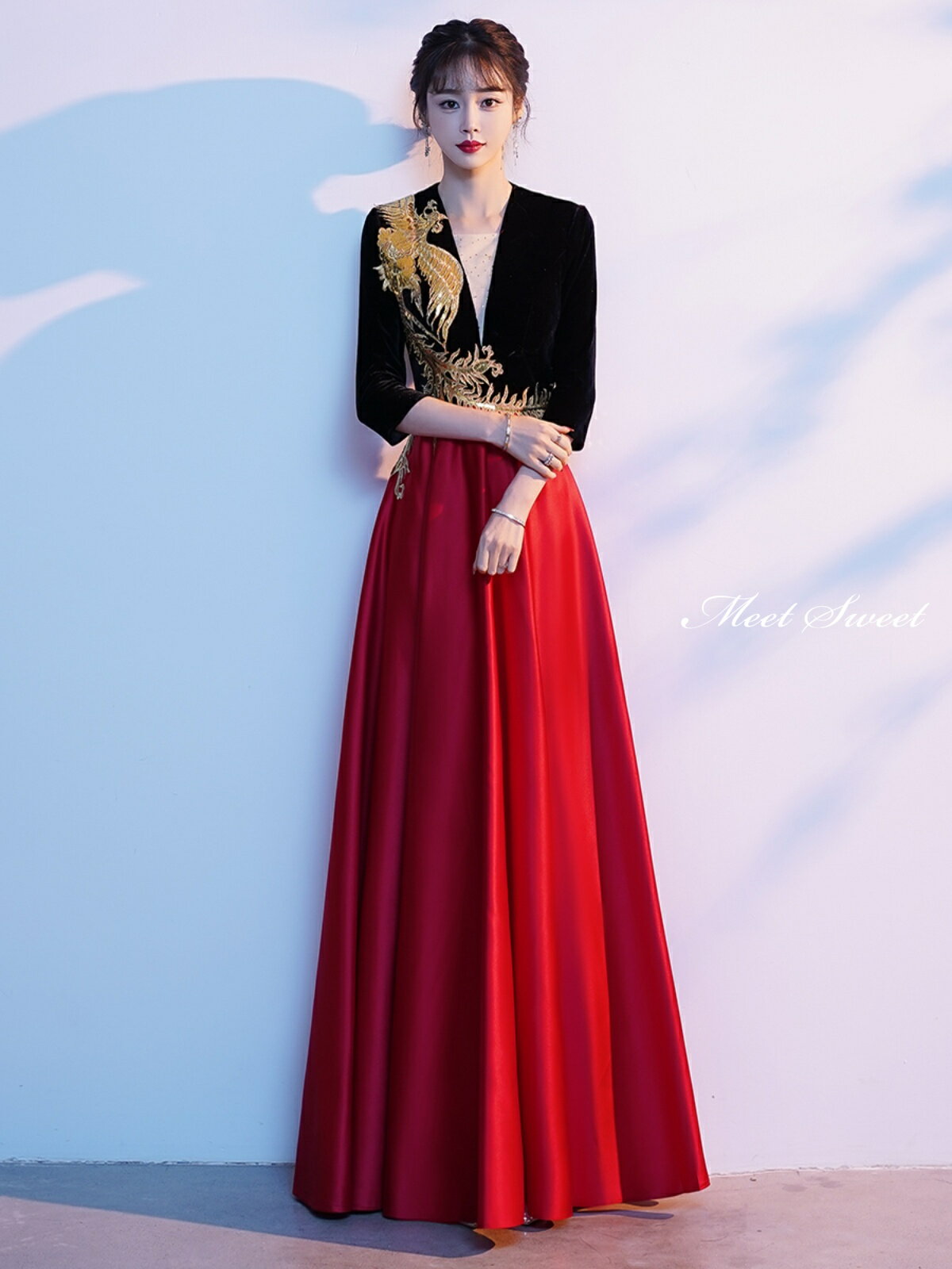 カラードレス ロングドレス 演奏会 ブラック レッド 7分袖 発表会 赤 黒 コンサート コンクール コーラス パーティードレス ファスナー 大人 ステージドレス ウェディングドレス ウエディングドレス 結婚式 二次会 披露宴 花嫁 ブライダル パーティードレス