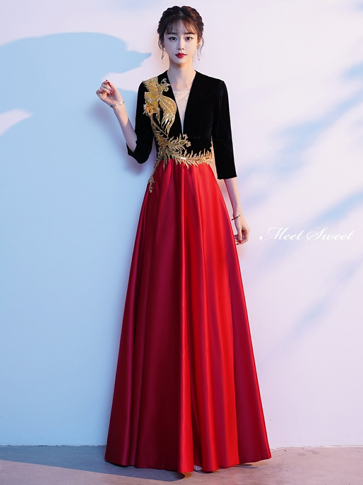 カラードレス ロングドレス 演奏会 ブラック レッド 7分袖 発表会 赤 黒 コンサート コンクール コーラス パーティードレス ファスナー 大人 ステージドレス ウェディングドレス ウエディングドレス 結婚式 二次会 披露宴 花嫁 ブライダル パーティードレス