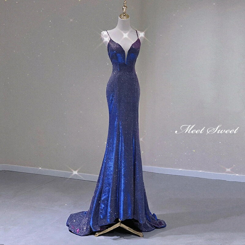 カラードレス ロングドレス マーメイドドレス ブルー 袖なし パーティードレス ウェディングドレス ウエディングドレス 結婚式 二次会 花嫁 イブニングドレス 前撮り 披露宴 ブライダル ノースリーブ キャミソール バックリボン バックレス クロス スレンダードレス