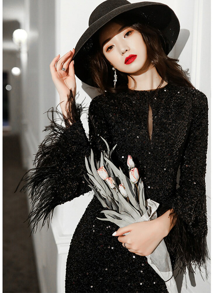 カラードレス ロングドレス マーメイドドレス ブラック 長袖 パーティードレス ウェディングドレス ウエディングドレス 結婚式 二次会 大人 イブニングドレス フォーマルドレス 演奏会 発表会 披露宴 花嫁 ブライダル フェザー スパンコール 黒 パーティードレス