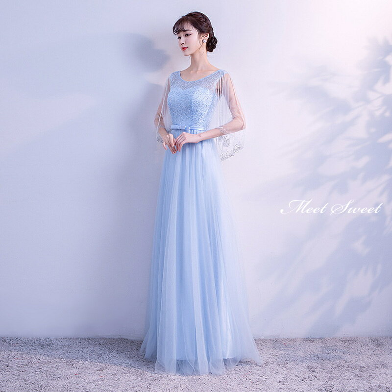 カラードレス ロングドレス ブルー 青 ビーズスリーブ パーティードレス ウェディングドレス ウエディングドレス 結婚式 二次会 披露宴 花嫁 大人 演奏会 発表会 フォーマルドレス カクテルドレス 前撮り ブライダル イブニングドレス ステージドレス 大きいサイズ