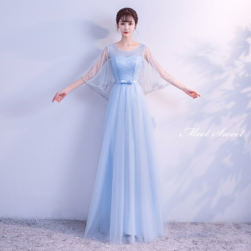 カラードレス ロングドレス ブルー 青 ビーズスリーブ パーティードレス ウェディングドレス ウエディングドレス 結婚式 二次会 披露宴 花嫁 大人 演奏会 発表会 フォーマルドレス カクテルドレス 前撮り ブライダル イブニングドレス ステージドレス 大きいサイズ