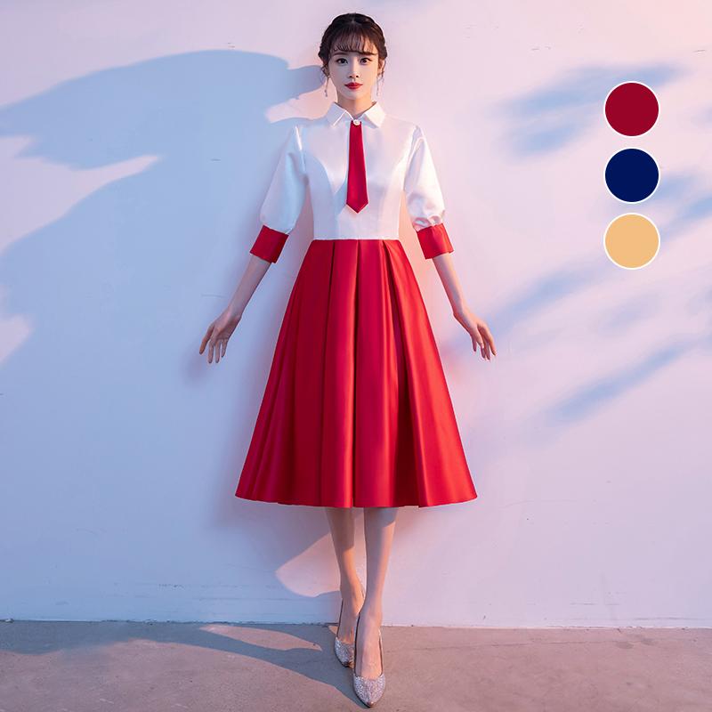 カラードレス ミディアムドレス レッド ブルー ゴールド 演奏会 発表会 コンサート コンクール 舞台 コーラス オーケストラ 合唱衣装 大人 祝日 大きいサイズ 中高生 学生 パーティードレス フォーマルドレス ミニドレス 赤 青 イエロー 5分袖 コンテスト ファスナー