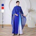 カラードレス 2点セット 2way ブルー ホワイト レッド ロングドレス チャイナ風ドレス シフォン 結婚式 二次会 披露宴 演奏会 発表会 ケープドレス ショール フォーマルドレス イベント 舞台 演出 中国風 ポンチョ イブニングドレス ステージドレス 大きいサイズ(4)