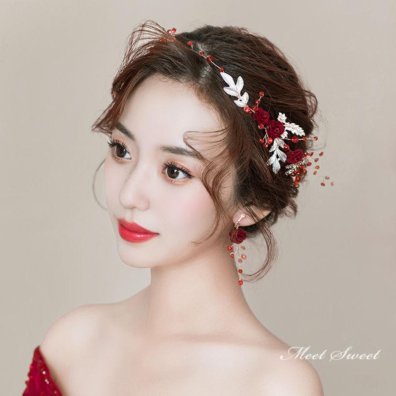 【P5倍★BLACK FRIDAY限定】花嫁 ヘアバンド 2点セット 結婚式 赤 花 ウエディング ティアラ 髪飾り カチューシャ ウェディング 演奏会 発表会...