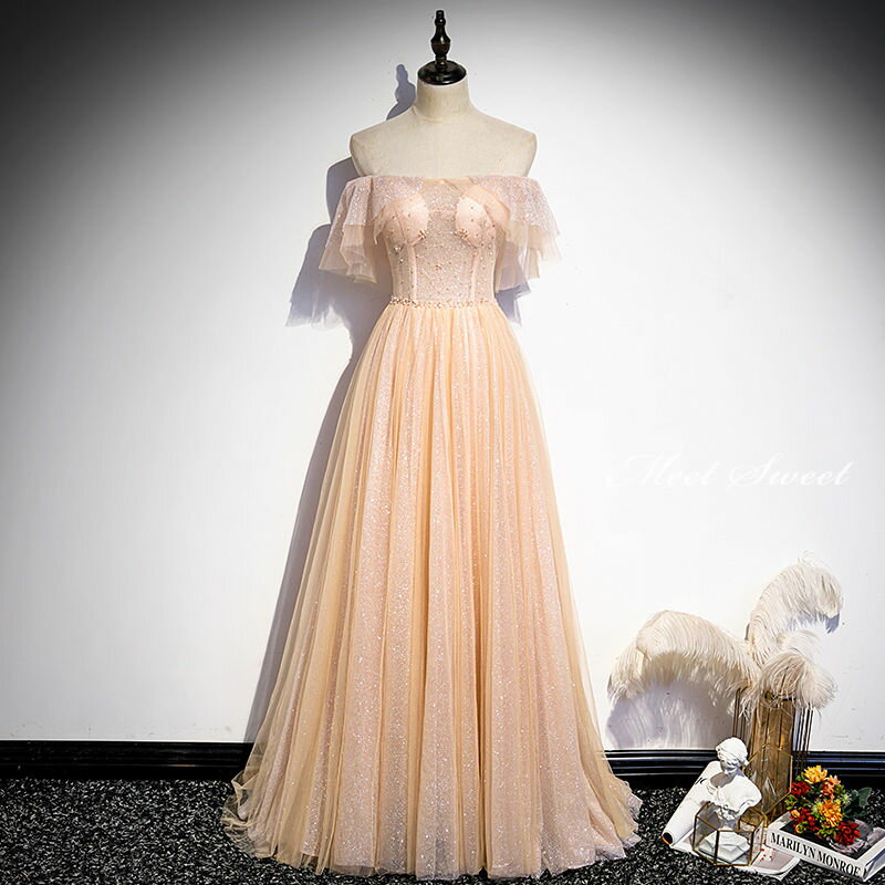 ウェディングドレス ウエディングドレス パーティードレス 演奏会 結婚式 カラードレス イブニングドレス 二次会ドレス カクテルドレス 発表会 フォーマルドレス コンサート オフショルダー 杏色 披露宴 花嫁 前撮り 後撮り ウェディングカラードレス ブライダル ステージ