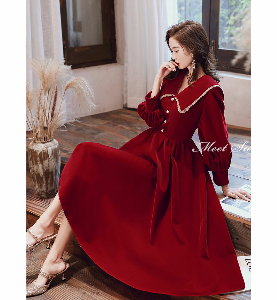 ウェディングドレス カラードレス カクテルドレス 長袖 ロングスリーブ 演奏会 披露宴 ウエディングドレス イブニングドレス 二次会ドレス 発表会ドレス ミモレ丈ドレス フォーマル お呼ばれ 食事会 赤 黒 結婚式 パーティードレス コンサート 花嫁 前撮り 後撮り