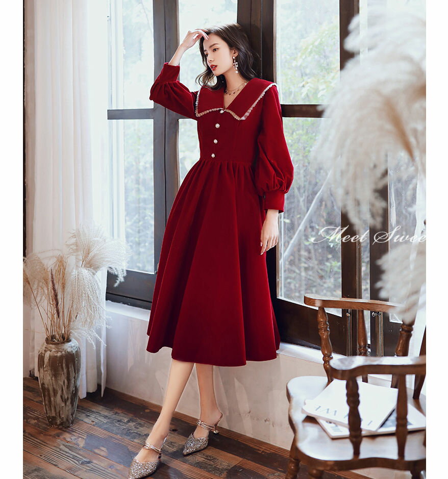 ウェディングドレス カラードレス カクテルドレス 長袖 ロングスリーブ 演奏会 披露宴 ウエディングドレス イブニングドレス 二次会ドレス 発表会ドレス ミモレ丈ドレス フォーマル お呼ばれ 食事会 赤 黒 結婚式 パーティードレス コンサート 花嫁 前撮り 後撮り