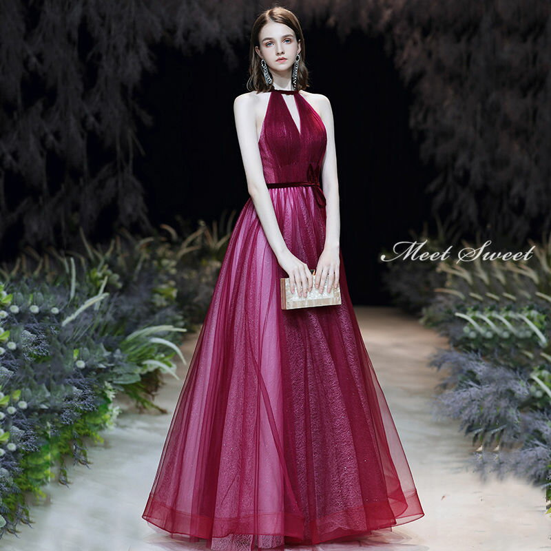 ウェディングドレス ウエディングドレス カラードレス ホルターネックドレス 演奏会 発表会ドレス イブニングドレス パーティードレス ワインレッド 袖なし ノースリーブ Aラインドレス フォマールドレス 上品 花嫁 二次会ドレス 披露宴 結婚式 コンサート カクテルドレス