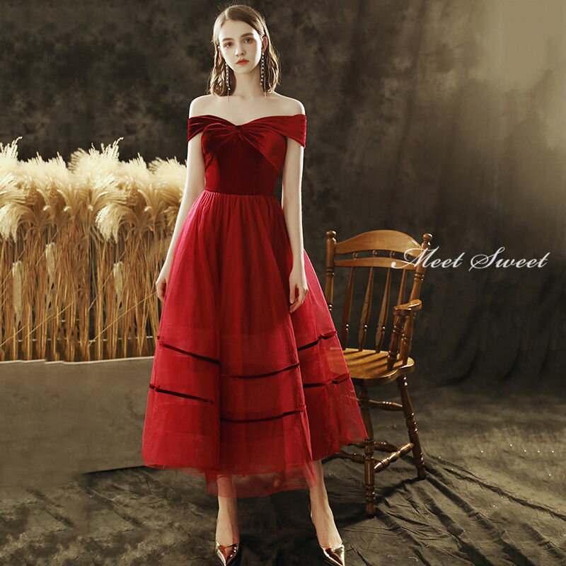 ウエディングドレス カラードレス レッド オフショルダー 二次会ドレス パーティードレス 演奏会 発表会ドレス 花嫁 結婚式 ウェディングドレス Aラインドレス 高級 上品 ミモレ丈ドレス 切替 イブニングドレス 披露宴 コンサート カクテルドレス 前撮り 後撮り