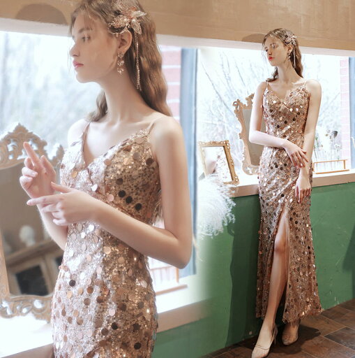 ウェディングドレス ウエディングドレス カラードレス 演奏会用ドレス 発表会 ロングドレス スレンダーライン キャミソール スパンコール ゴールド イブニングドレス パーティードレス スリット 衣装 結婚式 二次会 披露宴 コンサート 花嫁 カクテルドレス 前撮り 後撮り