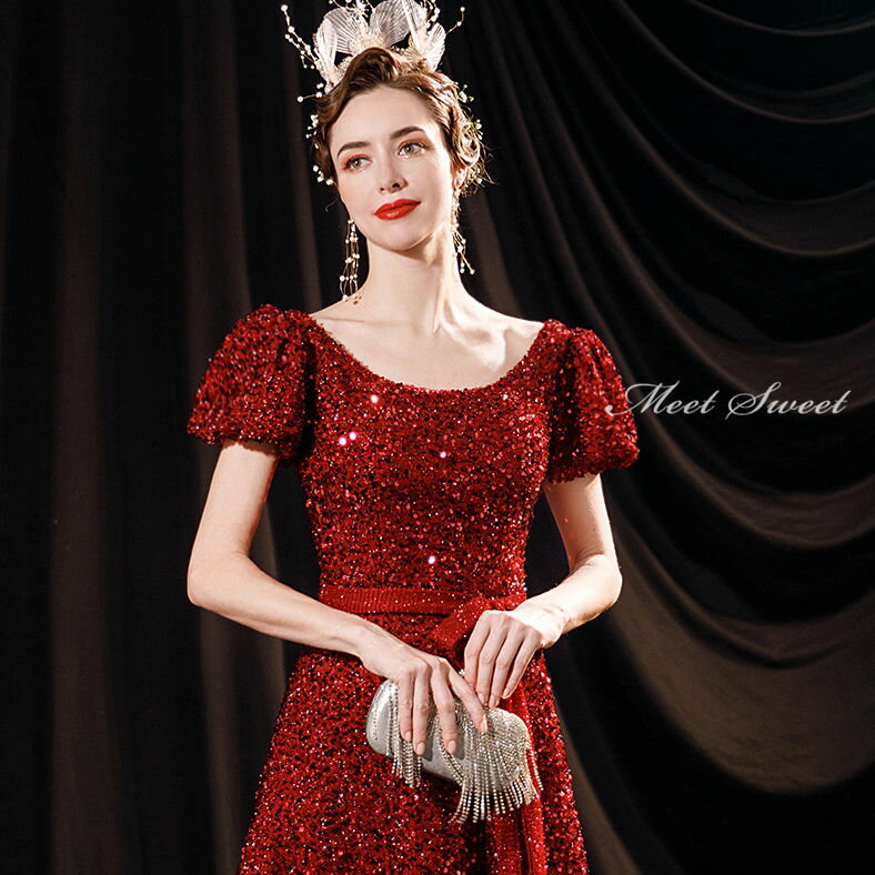 ウェディングドレス カラードレス 演奏会用ドレス オフショルダー/パフスリーブ 発表会 Aラインドレス ウエディングドレス 二次会 花嫁 結婚式 披露宴 イブニングドレス 赤 衣装 パーティードレス コンサート カクテルドレス 前撮り 後撮り ブライダル 袖あり フォーマル