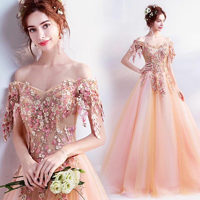 ウェディングドレス カラードレス 演奏会用ドレス 発表会ドレス ピアノ ロングドレス Aラインドレス ウエディングドレス 二次会ドレス オレンジピンク オフショルダー 花刺繍 花嫁 結婚式 披露宴 舞台ドレス パーティードレス イブニングドレス コンサート カクテルドレス