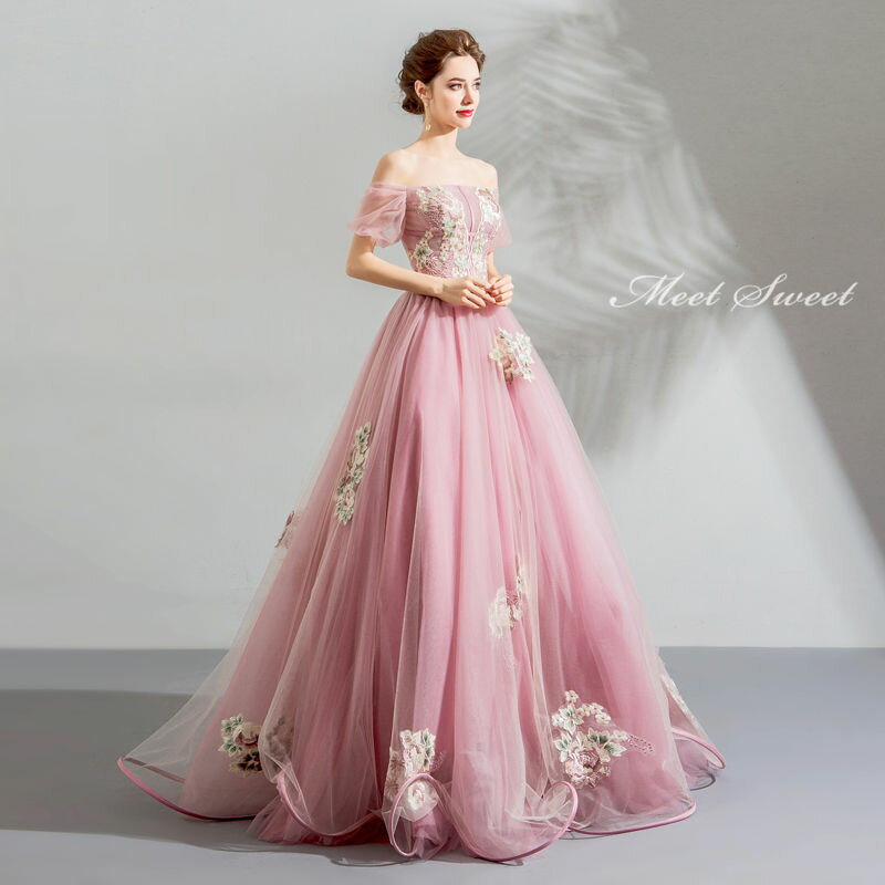 ウェディングドレス ウエディングドレス カラードレス 演奏会用ドレス 発表会ドレス プリンセス ロングドレス Aラインドレス パーティードレス ピンク オフショルダー イブニングドレス 二次会ドレス 結婚式 花嫁 編み上げ 披露宴 コンサート カクテルドレス 前撮り 後撮り