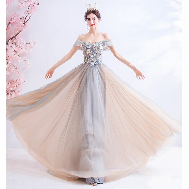 ウェディングドレス ウエディングドレス カラードレス 演奏会 発表会 Aラインドレス ベージュ グレー ロングドレス パーティードレス イブニングドレス 二次会 フォマールドレス 大人 オフショルダー 結婚式 披露宴 コンサート 花嫁 カクテルドレス 前撮り 後撮り