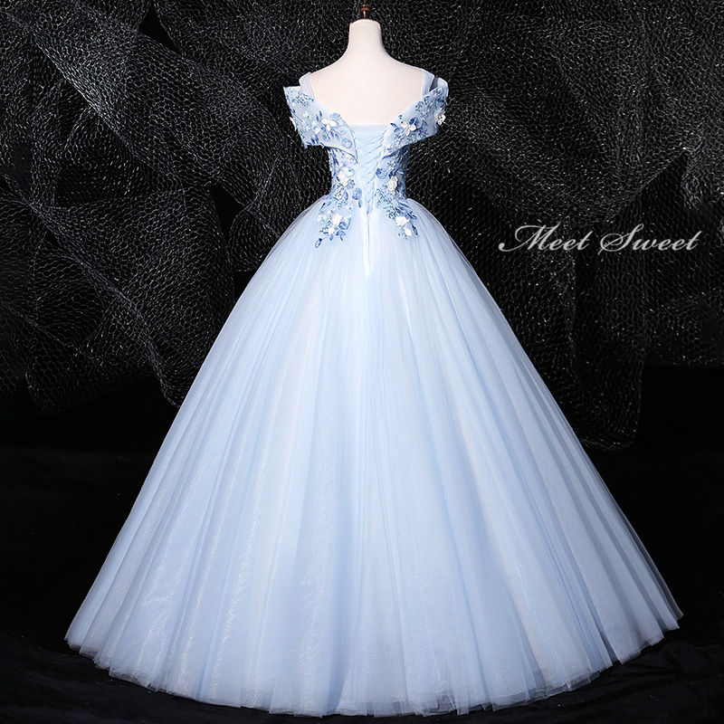 ウエディングドレス ロングドレス 演奏会 ブルー オフショルダー コンサートドレス ステージドレス カラードレス ウェディングドレス ロングドレス 青 ライトブルー フラワー 姫系ドレス 発表会 結婚式 二次会 パーティードレス イブニングドレス 披露宴 花嫁 カクテルドレス