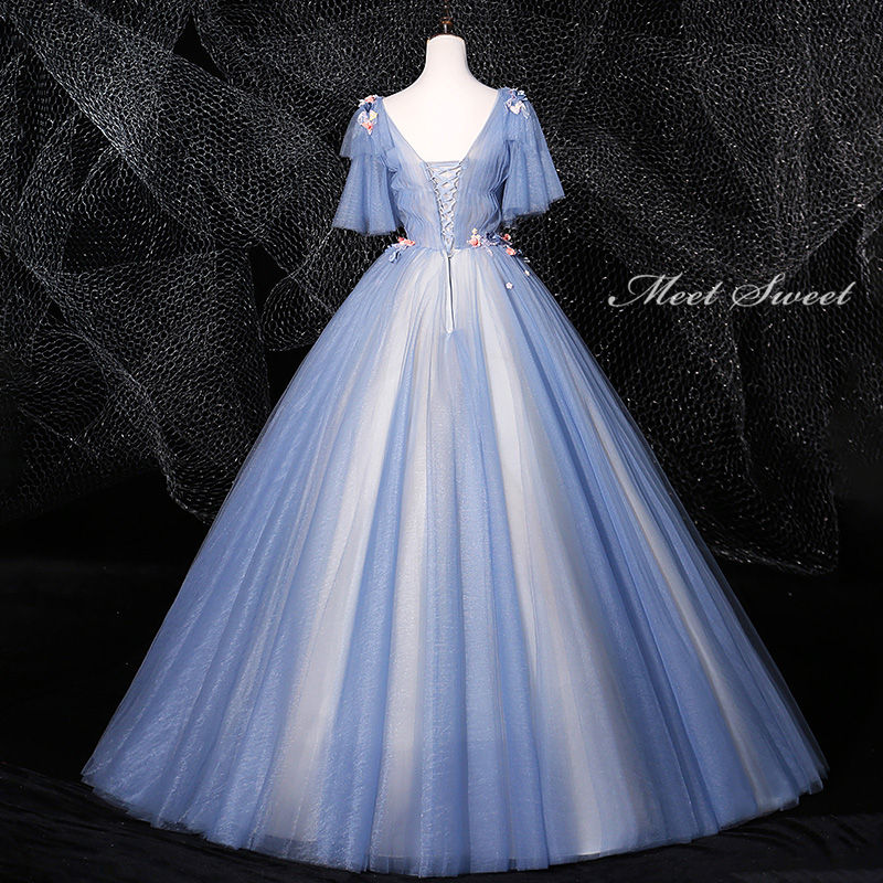 ウェディングドレス ウエディングドレス カラードレス 演奏会用ドレス ロングドレス プリンセスラインドレス 発表会ドレス 舞台ドレス ステージ衣装 コンサート 結婚式 二次会ドレス ブルー 青 袖付き 20代 30代 40代 パーティードレス イブニングドレス 披露宴