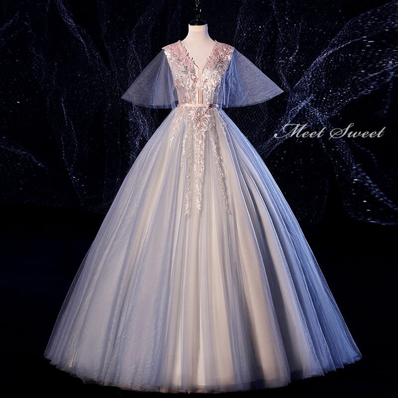 ウェディングドレス ウエディングドレス 演奏会用ロングドレス カラードレス ステージドレス ピアノ発表会ドレス 青 大人 中高生 コンクール コンサート 舞台衣装 プリンセスラインドレス ベルスリーブ 大きいサイズ 結婚式 二次会 パーティードレス イブニングドレス 披露宴