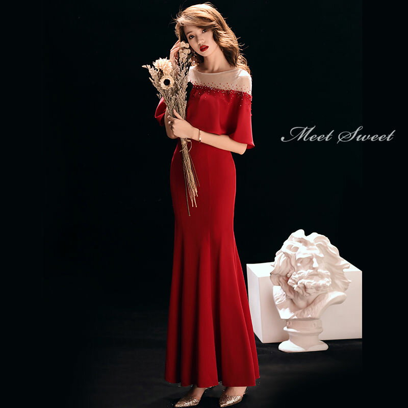 ウェディングドレス ウエディングドレス カラードレス パーティードレス ロングドレス マーメイドラインドレス 赤 イブニングドレス レッド ファスナー 二つの腕カバー 大人っぽい マキシ丈ドレス 結婚式 花嫁 二次会ドレス 演奏会 発表会 披露宴 コンサート カクテルドレス