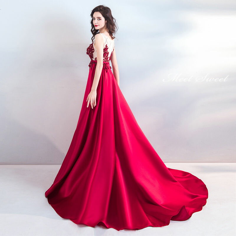 ウェディングドレス カラードレス 演奏会用ドレス ロングドレス ウエディングドレス 発表会ドレス 舞台ドレス ステージ衣装 編み上げ 二次会ドレス 花嫁 ブライダル サテン ビーズ シースルー レッド 結婚式 パーティードレス イブニングドレス 披露宴 コンサート