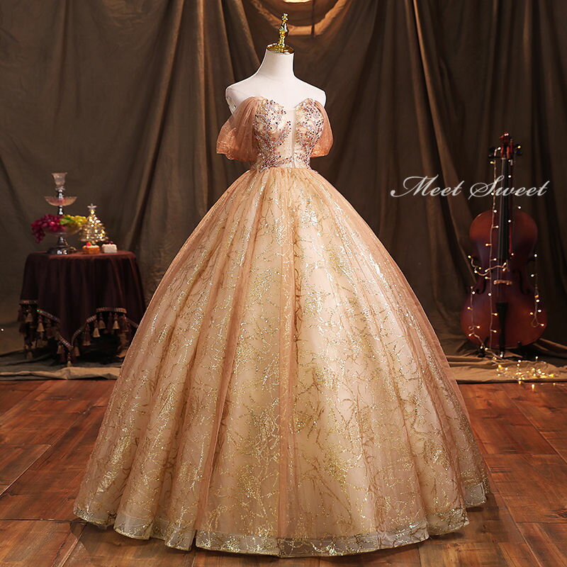 ウェディングドレス ウエディングドレス カラードレス ロングドレス 演奏会ドレス パーティードレス プリンセスラインドレス 音楽会 ステージ 舞台衣装 発表会 コンサート コンクール 大人 主役 ゴールド 金 結婚式 二次会 イブニングドレス 披露宴 花嫁 カクテルドレス