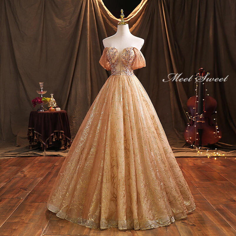 ウェディングドレス ウエディングドレス カラードレス ロングドレス 演奏会ドレス パーティードレス プリンセスラインドレス 音楽会 ステージ 舞台衣装 発表会 コンサート コンクール 大人 主役 ゴールド 金 結婚式 二次会 イブニングドレス 披露宴 花嫁 カクテルドレス