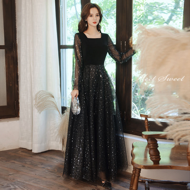 ウェディングドレス ウエディングドレス カラードレス スクエアネック ファスナー ブラック 袖付き カクテルドレス ロングドレス パーティードレス 発表会ドレス 演奏会 ステージドレス イブニングドレス 黒 結婚式 二次会 披露宴 コンサート 花嫁 前撮り 後撮り