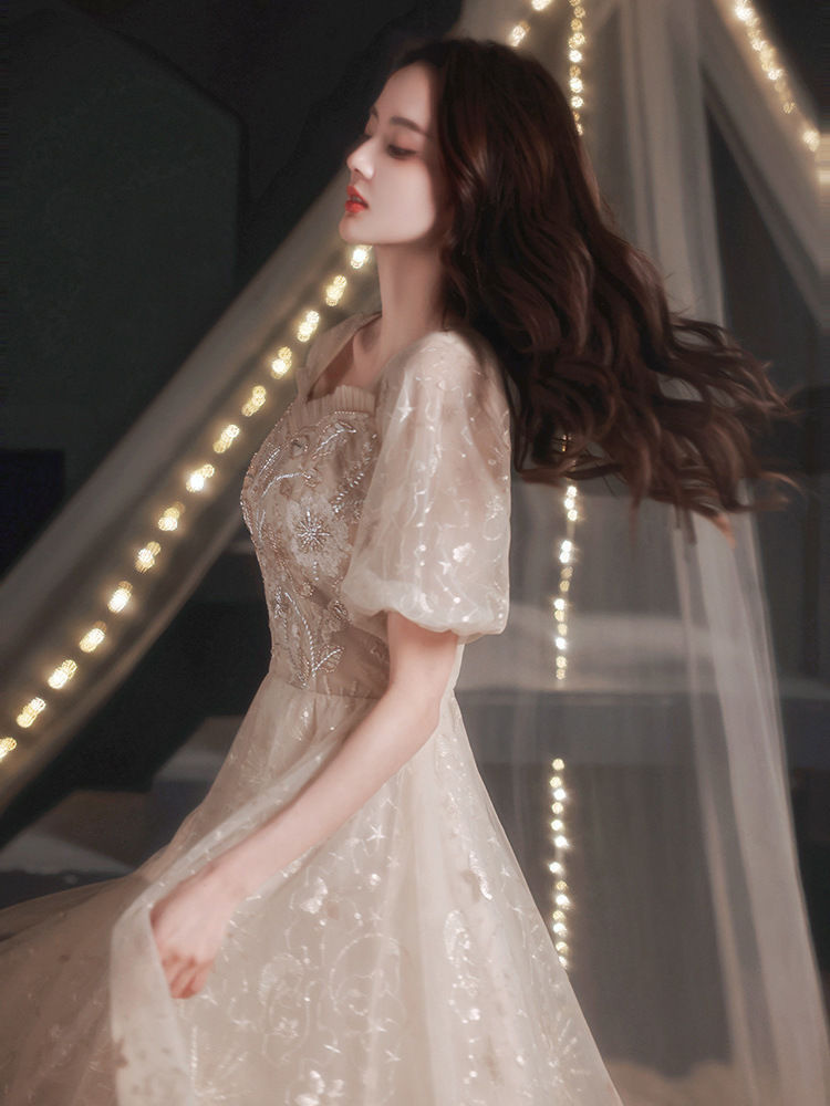 ウェディングドレス ウエディングドレス カラードレス カクテルドレス ミディアム/ロングドレス パーティードレス 発表会ドレス 演奏会 ベージュ コンクール パフスリーブ フォマール 成人式 卒業式 結婚式 二次会 イブニングドレス 披露宴 コンサート 花嫁 前撮り 後撮り