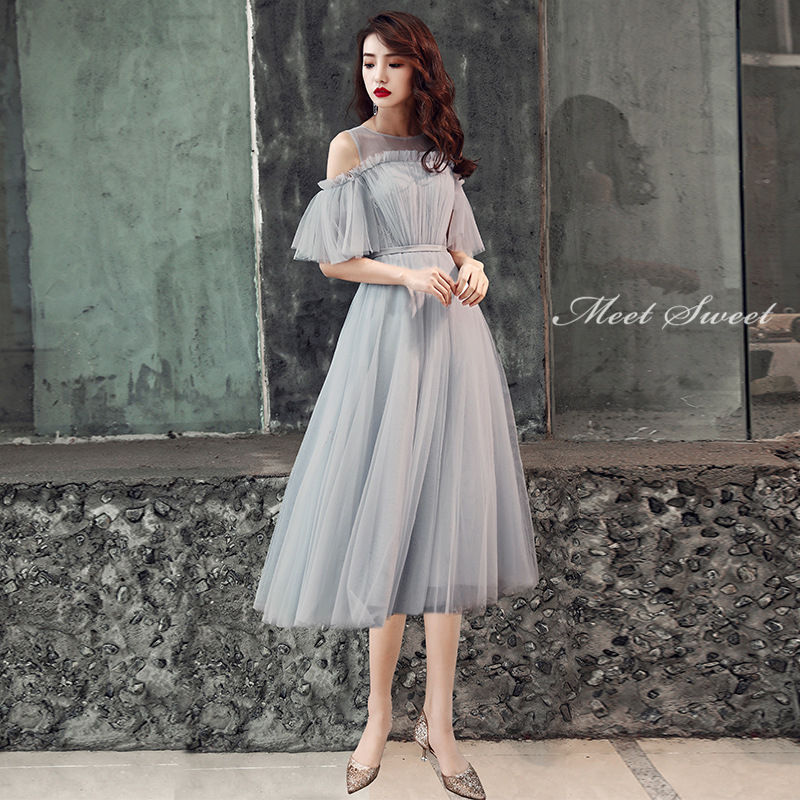 ウェディングドレス ウエディングドレス カラードレス グレー ピンク ミモレ/ロングドレス カクテルドレス パーティードレス 発表会 演奏会 ステージ コンクール イブニングドレス 袖付き 結婚式 二次会 披露宴 コンサート 花嫁 前撮り 後撮り ブライダル 袖あり フォーマル