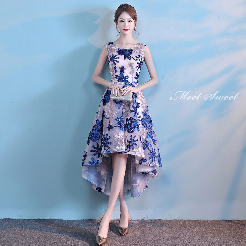 ウェディングドレス ウエディングドレス カラードレス カクテルドレス 前短後長ドレス 花柄 ブルー パーティードレス 発表会ドレス 演奏会 ステージドレス コンクール フォマール 袖なし ノースリーブ 上品 結婚式 二次会 イブニングドレス 披露宴 コンサート 花嫁