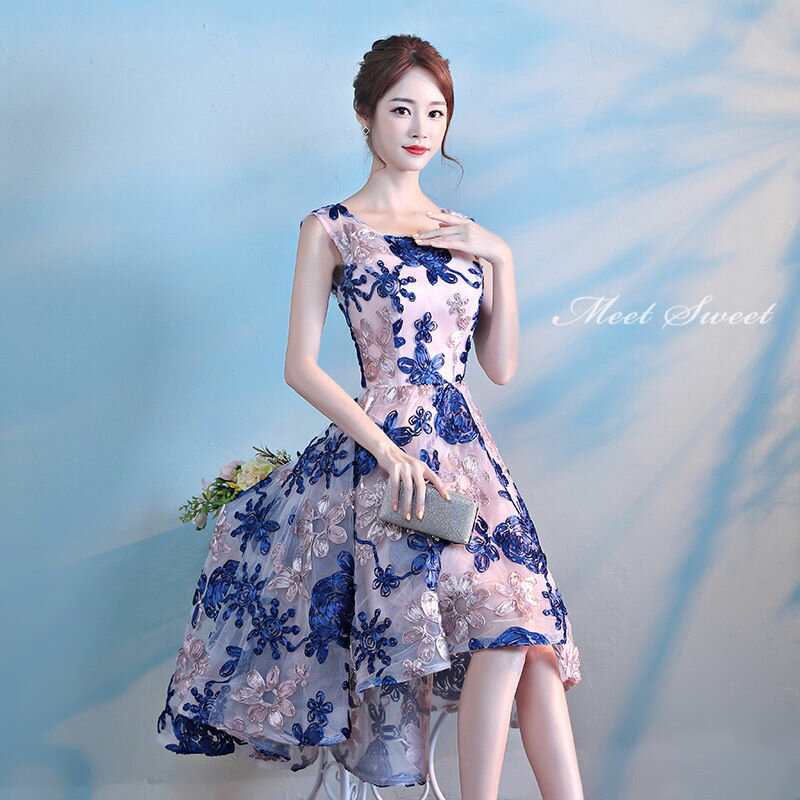 ウェディングドレス ウエディングドレス カラードレス カクテルドレス 前短後長ドレス 花柄 ブルー パーティードレス 発表会ドレス 演奏会 ステージドレス コンクール フォマール 袖なし ノースリーブ 上品 結婚式 二次会 イブニングドレス 披露宴 コンサート 花嫁