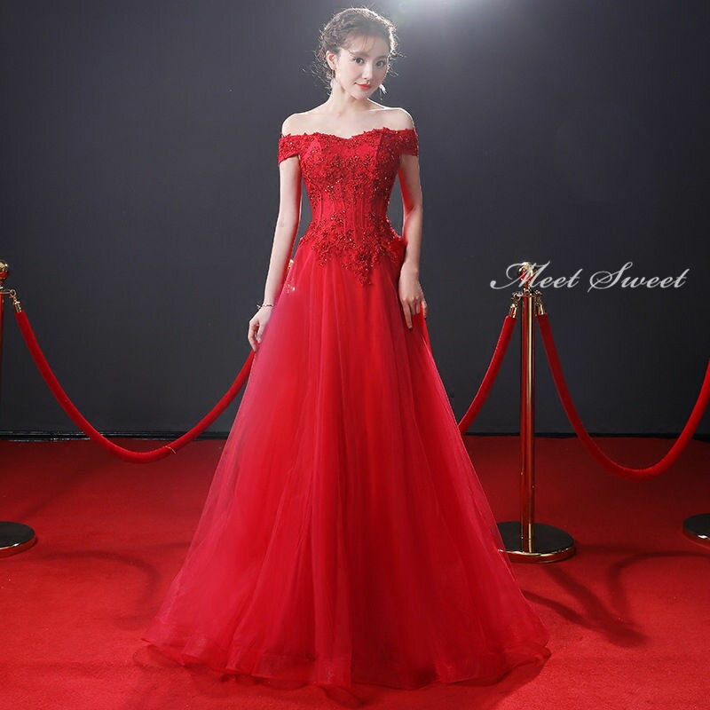 ウェディングドレス ウエディングドレス カラードレス レッド オフショルダー ロングドレス パーティードレス 発表会ドレス 演奏会 ステージドレス コンクール イブニングドレス 赤 結婚式 フォマール 二次会 披露宴 コンサート 花嫁 カクテルドレス 前撮り 後撮り