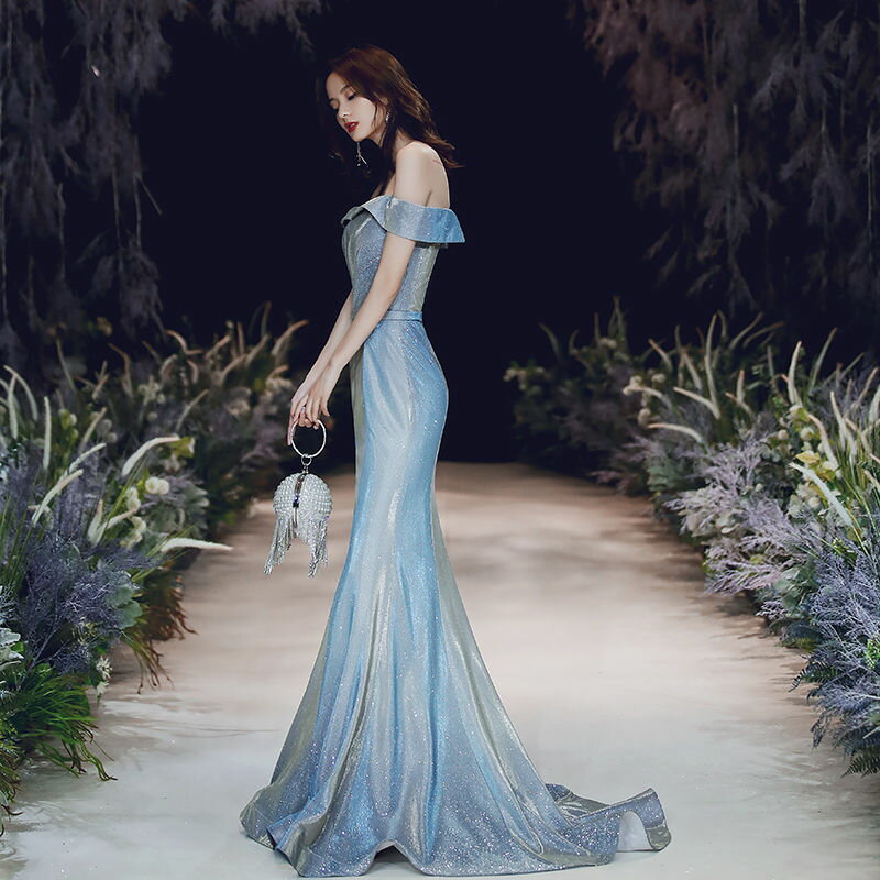 ウェディングドレス ウエディングドレス カラードレス カクテルドレス ロングドレス パーティードレス 発表会ドレス 演奏会 ステージドレス イブニングドレス 大人 青 ブルー スレンダーライン オフショルダー 結婚式 二次会 披露宴 コンサート 花嫁 前撮り 後撮り