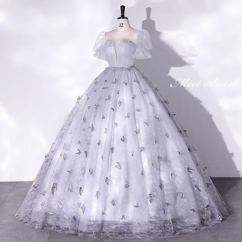 ウェディングドレス ウエディングドレス カラードレス ロングドレス 演奏会 イブニングドレス プリンセスラインドレス ステージドレス 舞台衣装 発表会ドレス コンサート イベント 花嫁 グレー シルバー 蝶 成人式 卒業式 結婚式 二次会 パーティードレス 披露宴