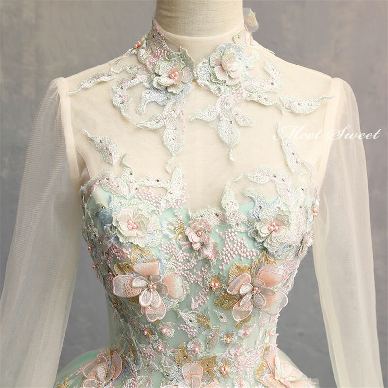 ウェディングドレス ウエディングドレス カラードレス ロングドレス 演奏会 演出 プリンセス ステージ 舞台衣装 発表会ドレス コンサート コンクール 大人 ライトグリーン 長袖 ロングスリーブ 花 結婚式 春色 二次会 花嫁 パーティードレス イブニングドレス 披露宴