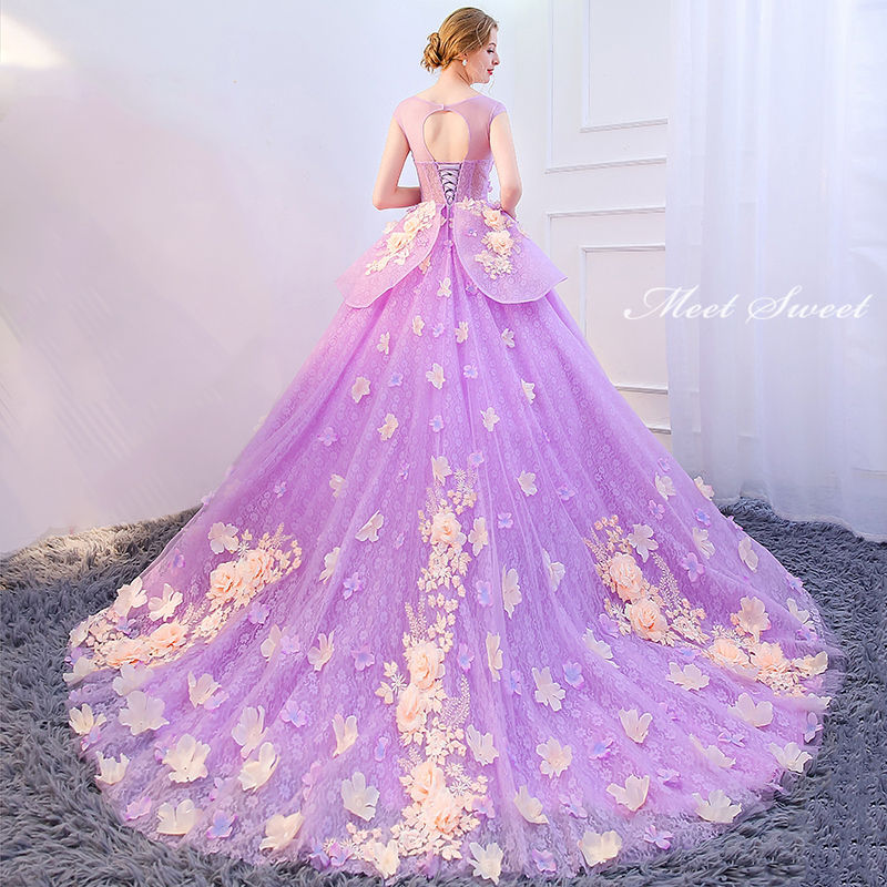 カラードレス ロングドレス 演奏会 イブニングドレス プリンセスラインドレス ステージ 舞台衣装 発表会 コンサート コンクール 大人 パープル フラワー ウェディングドレス ウエディングドレスドレス 大人かわいい トレーン 花嫁 ブライダル 結婚式 二次会 前撮り 華やか