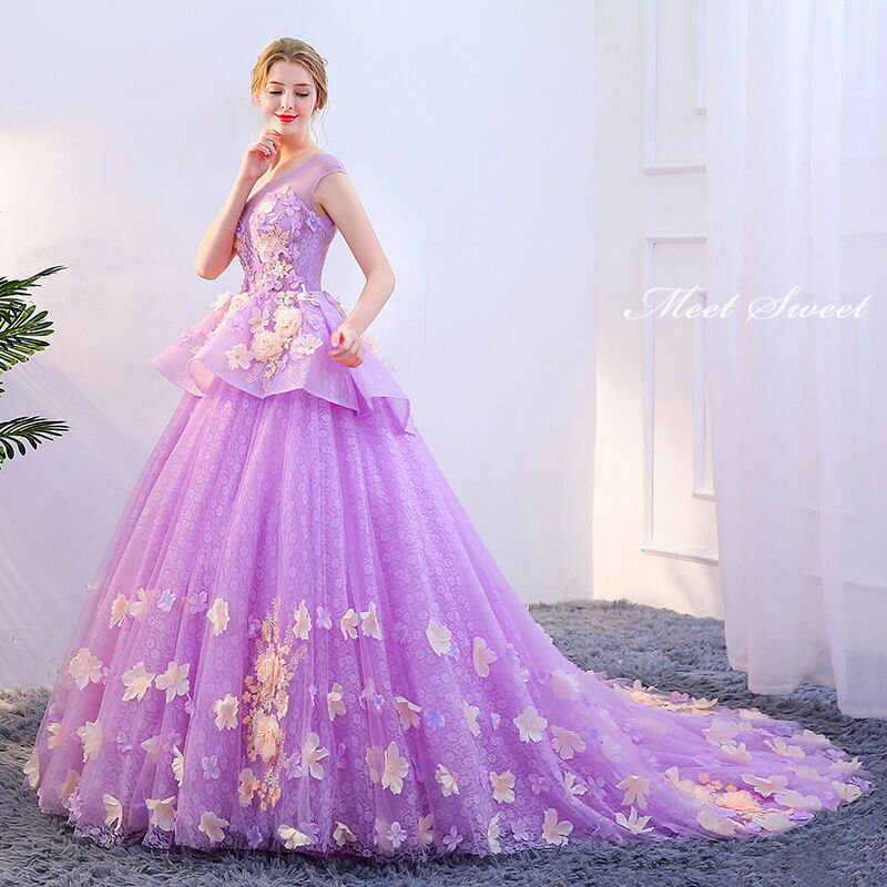 カラードレス ロングドレス 演奏会 イブニングドレス プリンセスラインドレス ステージ 舞台衣装 発表会 コンサート コンクール 大人 パープル フラワー ウェディングドレス ウエディングドレスドレス 大人かわいい トレーン 花嫁 ブライダル 結婚式 二次会 前撮り 華やか